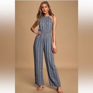 Lulu’s Destination Vacay Blue Striped Halter Wide-Leg Jumpsuit Size Medium